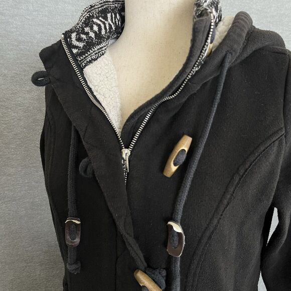 Hollister Hooded Zip Up Faux Fur Coat Size M Toggle Fair Isle Shearling Black - Picture 6 of 13